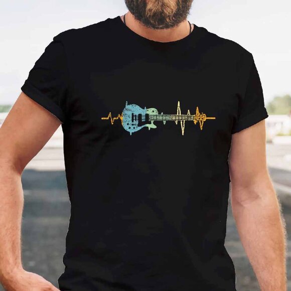 Tops - Heartbeat of a Guitarist T-Shirt Retro Guitar Lover Gift Guitar Vibes